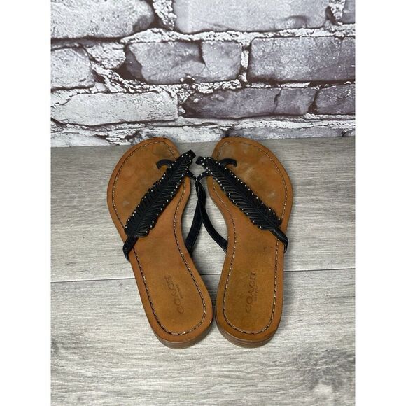 Coach New York DENI Black Leather Feather Thong Flat Sandals Women Sz 8B US/38EU - Picture 7 of 16